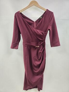 Knitee Dress Womens Small Wine Faux Wrap Ruched Belted 3/4 Sleeve V Neck 9079
